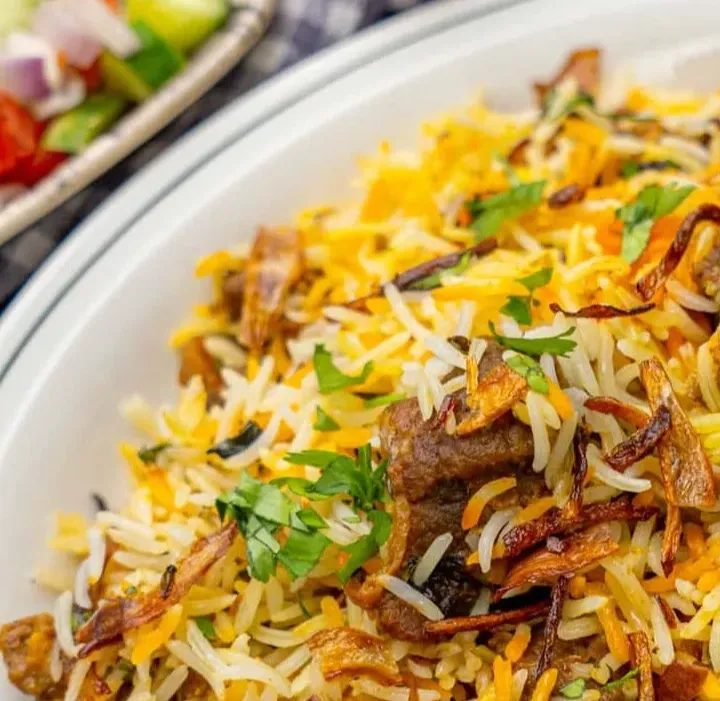 Goat biryani with fried onions at Southern Spices in Winnipeg